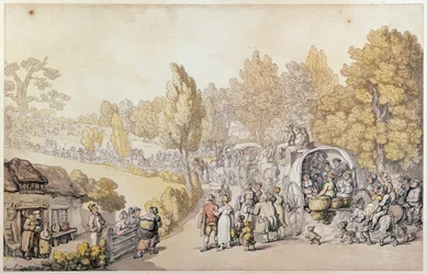 Karikatur, die Landbewohner zeigt, die in die Stadt ziehen, 1818
